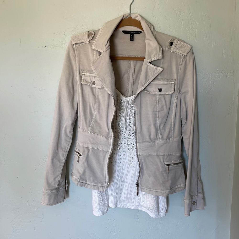 Like new cream front zip blazer with silver sequined cami, both from WHBM.